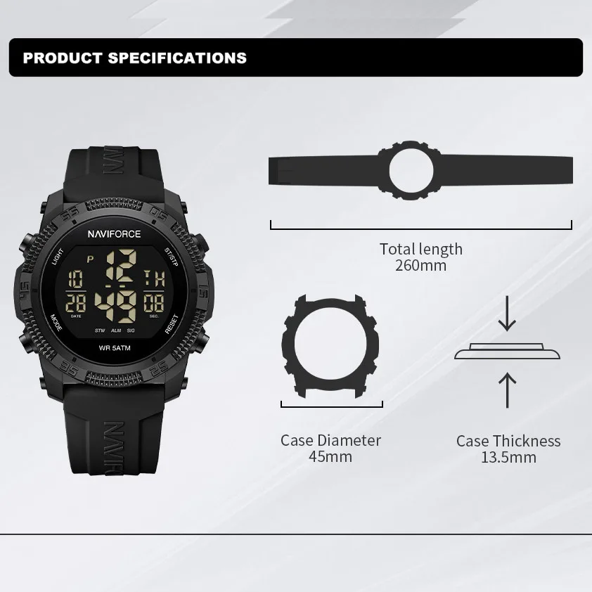 NAVIFORCE High Quality Digital Sport Watches For Men Fashion Casual Alarm Clock Waterproof Silicone Strap Electronic Wristwatch