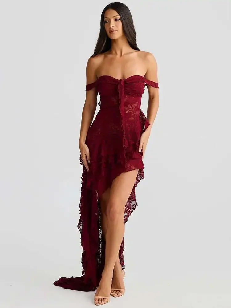 Lace Ruffle Sexy Maxi Dress Women Off-shoulder Strapless Fashion Summer Sleeveless Backless Beach Holiday Club Dress