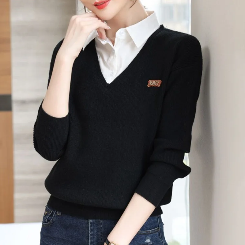 Fake Two Piece Knitted Top Women\'s Spring Autumn New Fashion Winter Bottom Sweater Long Sleeve Pullovers Ladies Knitwear Shirt