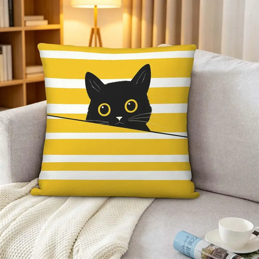 Cute Black Cat Pillowcase Yellow White Striped Cushion Cover Funny Peekaboo Kitten Art, Cartoon Animal Home Decor Pet Lover Gift