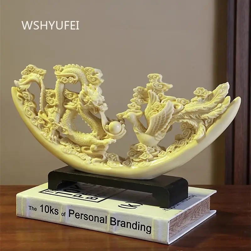 Resin Imitation Ivory Carving Statue Chinese Landscape Pavilion Character Sculpture With Wooden Base For Home Tabletop Decor