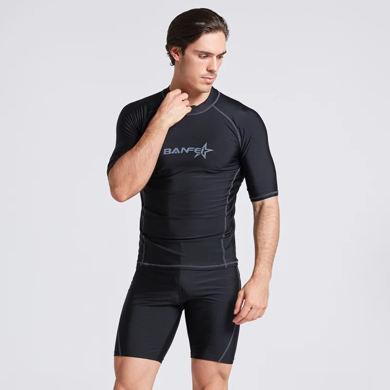 Nowe krótkie rękawy czarny Nylon Spandex Stretch szybkoschnąca wysypka kamizelki pływackie strój do surfingu rashguardy do nurkowania dla mężczyzn