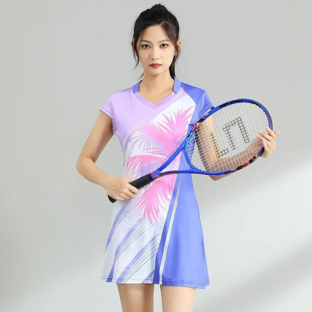 

Women Girls Tennis Dress With Separate Shorts Short Sleeve Female Print Table Tennis Badminton Inner Shorts Gym Sports Dress