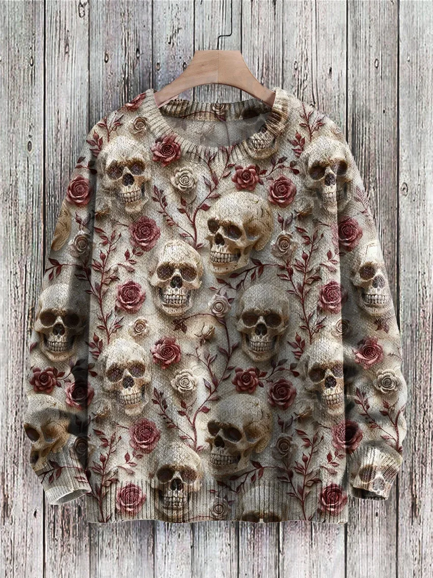 Vintage Death Skull Romantic Rose Print Knitted Pullover Sweater Men's For Women's Pullover