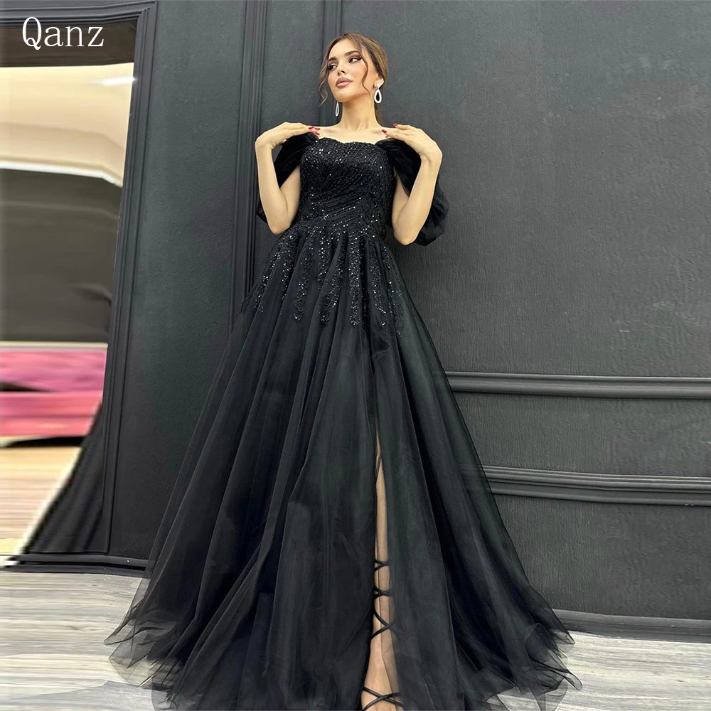 

Qanz Modern Black Long Evening Dresses Off The Shoulder Tulle Sequined High Slit A Line Party Dresses Formal Occasion Dresses