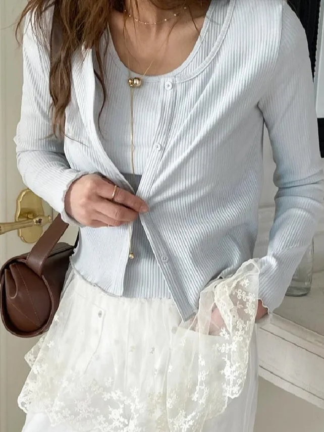 

Faionable Lace ort Sve round Ne Two-Piece Set Women's Gentle Splice Dr Versatile Long Sve Top Korean Sle Aut...