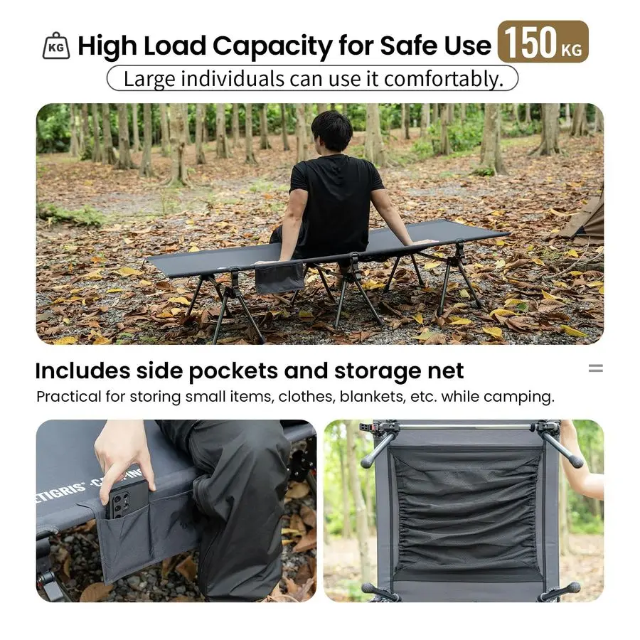 SUPRANUBIS Camping Cot, Height Adjustable with Cot Leg Extenders, Strong Support 330lbs, Lightweight Comfortable Folding Bed for