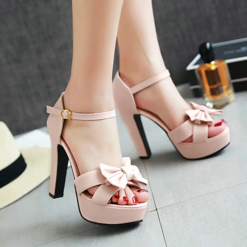 

Big Size 33-43 Beige Pink Open Toe Party Wedding Shoes with Bowtie Knot Platform Spike Thick High Heels Sweet Cute Heel Sandals