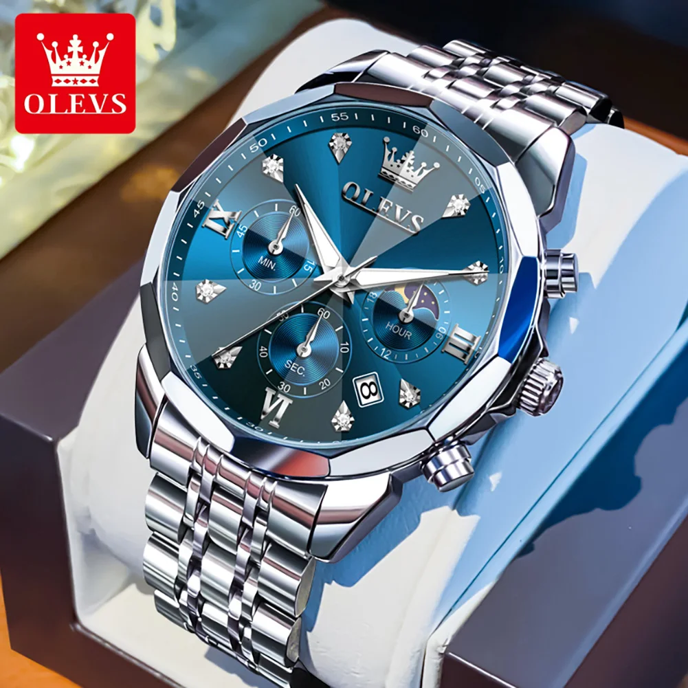 OLEVS 3670 ساعة رجالية أصلية ساعة كوارتز ستانلس ستيل مقاوم للماء مضيئة تاريخ القمر المرحلة كرونوغراف فاخر الرجال رسمي
