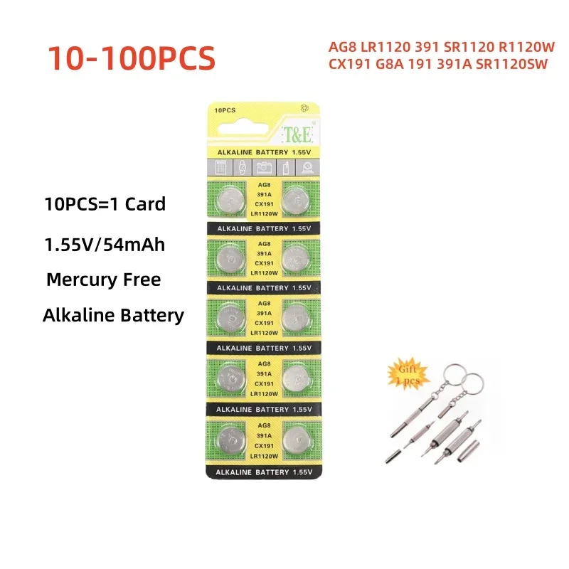 

10-100PCS Battery AG8 LR1120 391 SR1120 R1120W CX191 G8A 191 391A SR1120SW Cell Coin Batteries For Watch Toys Remote