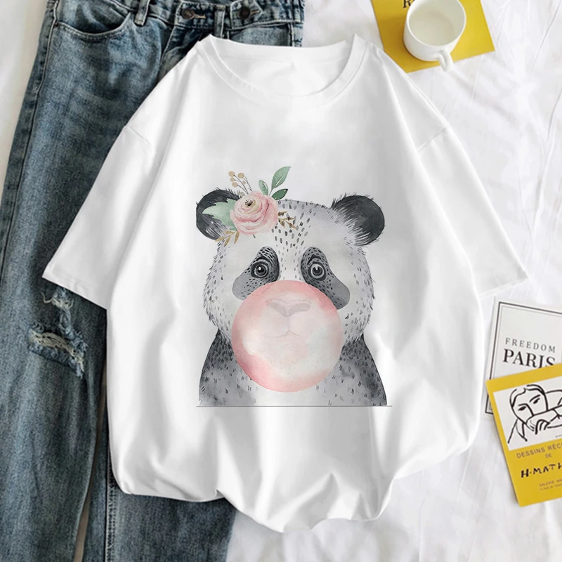 panda blowing balloon T-shirt Women Sudaderas Harajuku Aesthetic White Top Casual Tshirt Summer Fashion Female Tees wholesale