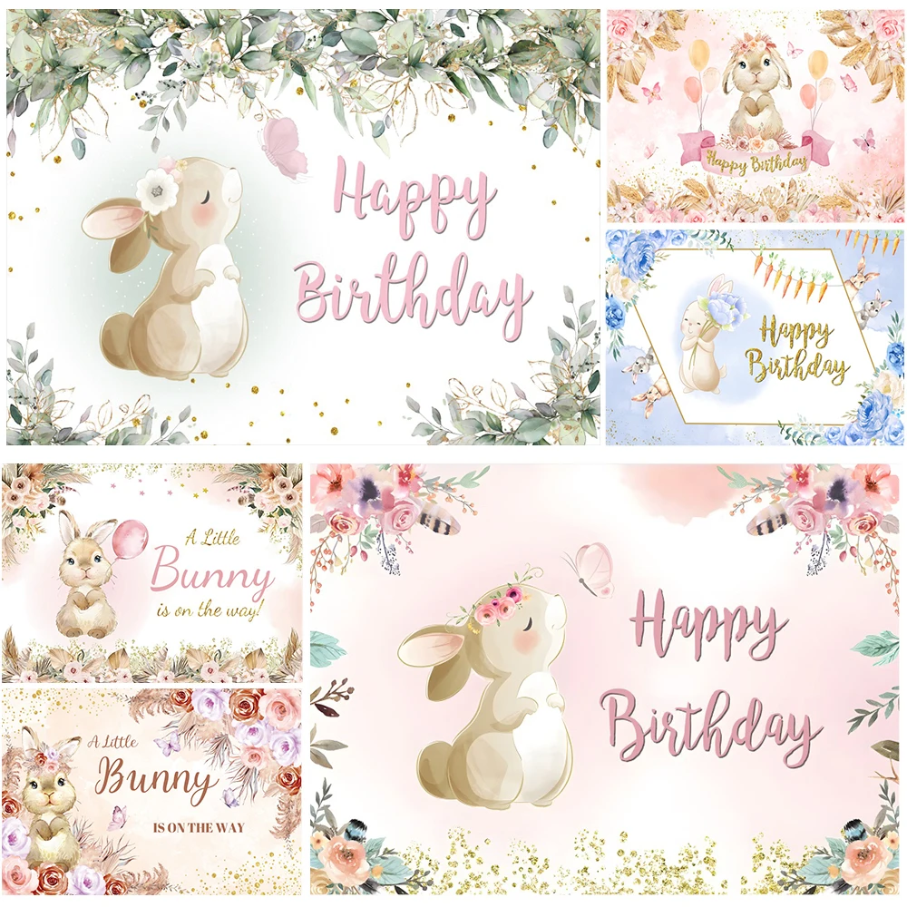 

Easter Rabbit Backdrop Pink Floral Bunny Flower Balloon Girl Boy Baby Shower Birthday Party Photography Background Photo Studio