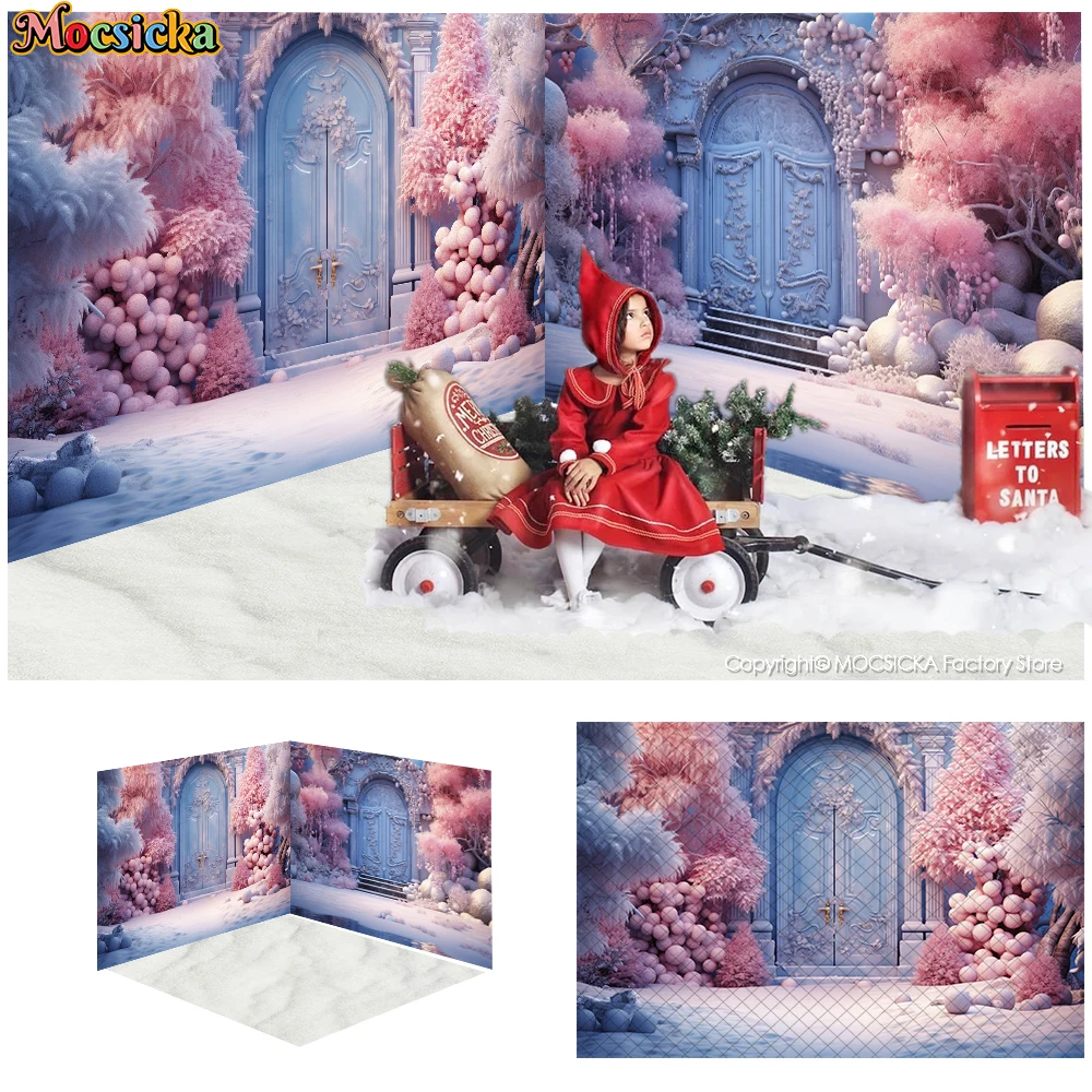 

Winter Pink Snow Forest Christmas Photocall Backdrops XMAS Tree Castle Girl Kids Photo Background Adult Portrait Scene Props