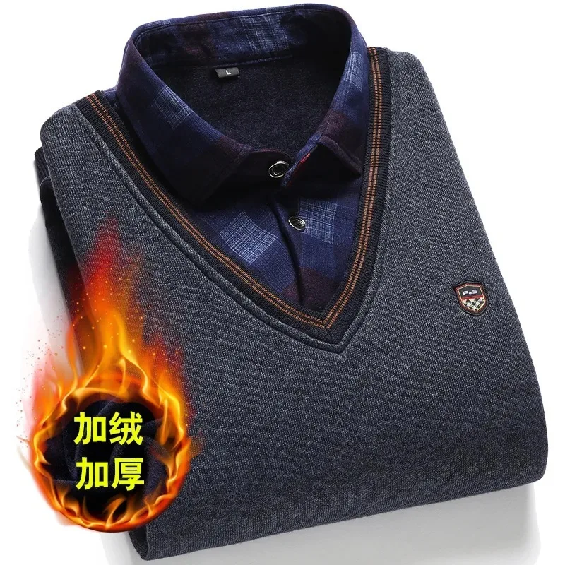 

Men's Turn Collar Plush Warm Fake Two Piece Shirt Sweater Men Knitted Cashmere Knitted Jumpers Long Sleeve Male Pullover