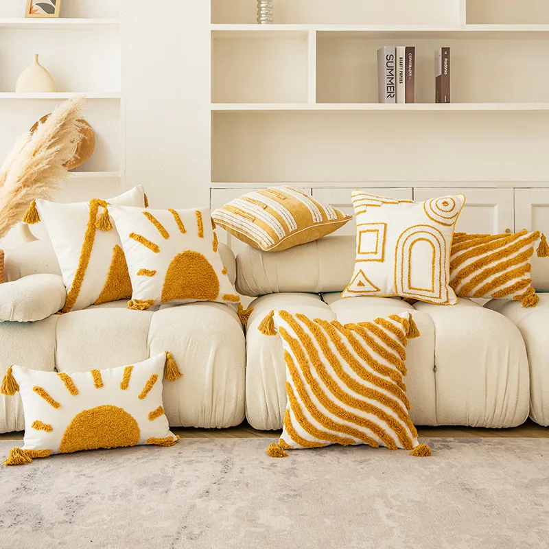 Boho Golden Yellow Tufted Cushion Cover Geometric Tufted Tassel Pillow Covers Decorative Modern Home Sofa Decorations