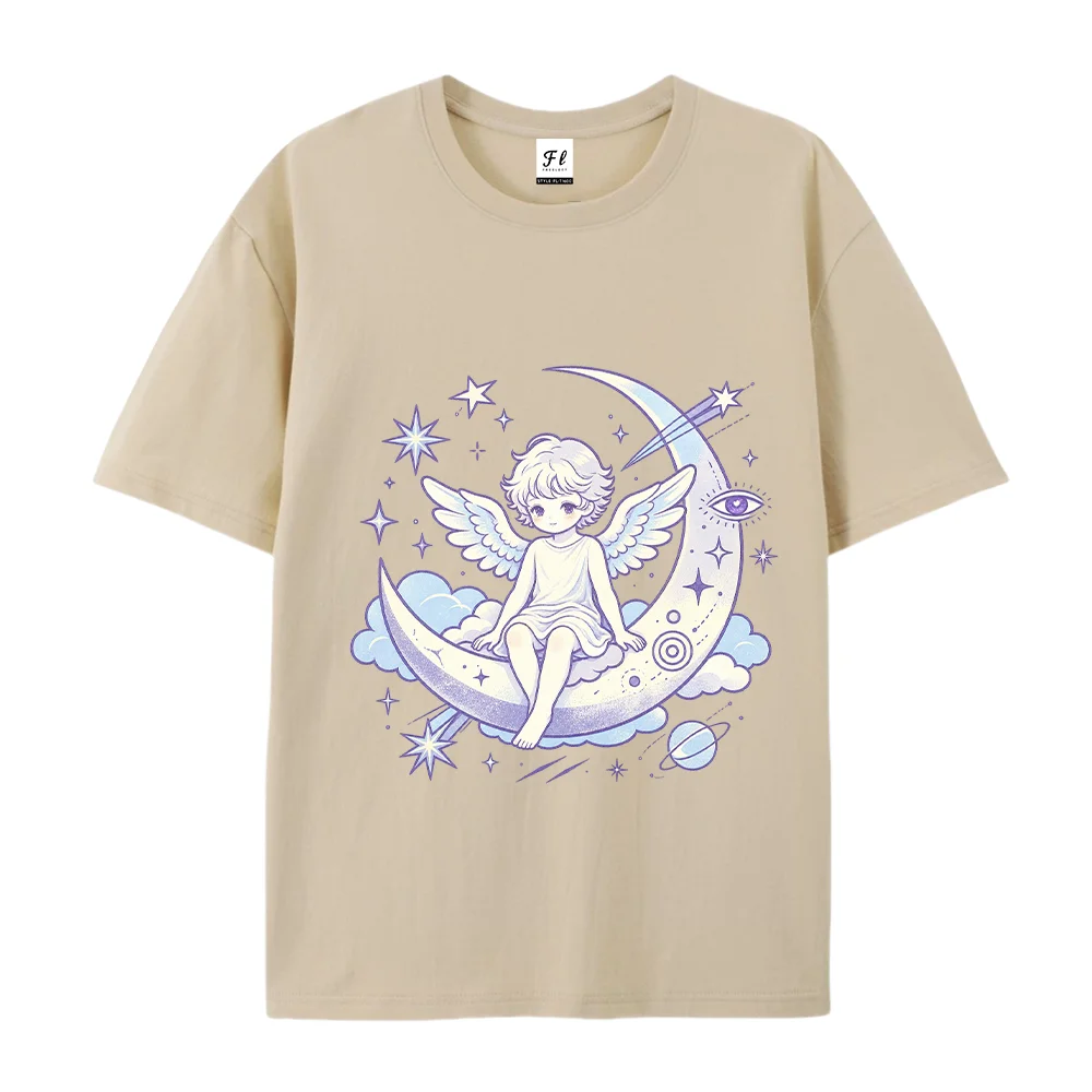 Women Tshirts Cute Angel Sit On Crescent Moon Graphic Tee Celestial Star Galaxy Mystic Eye Print Casual Loose Short Sleeve Tops