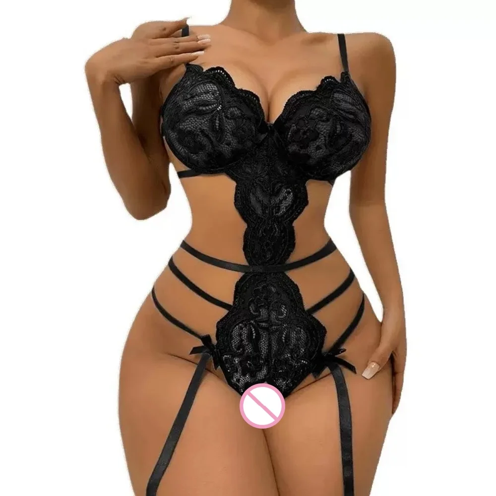 Sexy Lace Open Crotch Teddy Bodysuit with Garter Straps & Bow Details | Erotic Sensual Lingerie for Women