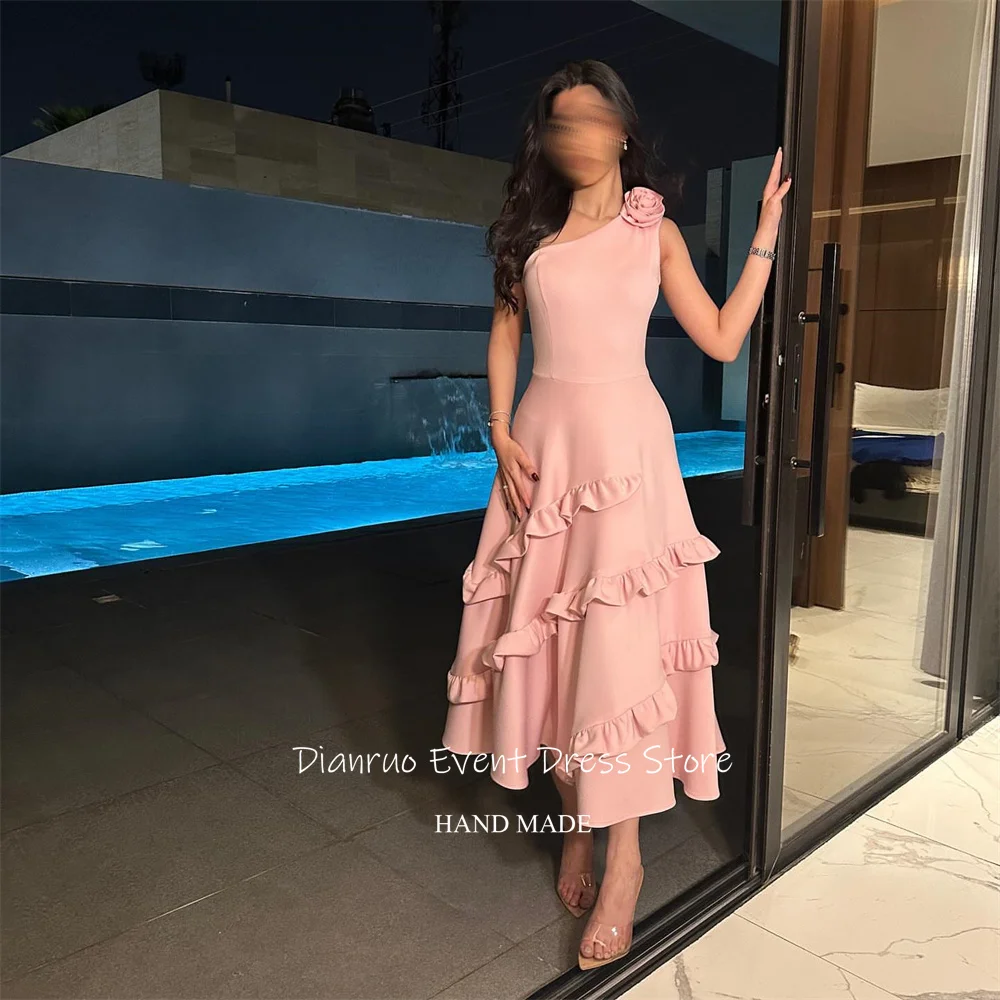 Dianruo-vestidos de noche rosas de un hombro, vestido de fiesta con flores en 3D con volantes, satén encantador hasta el tobillo, Abendkleider Dubai personalizado