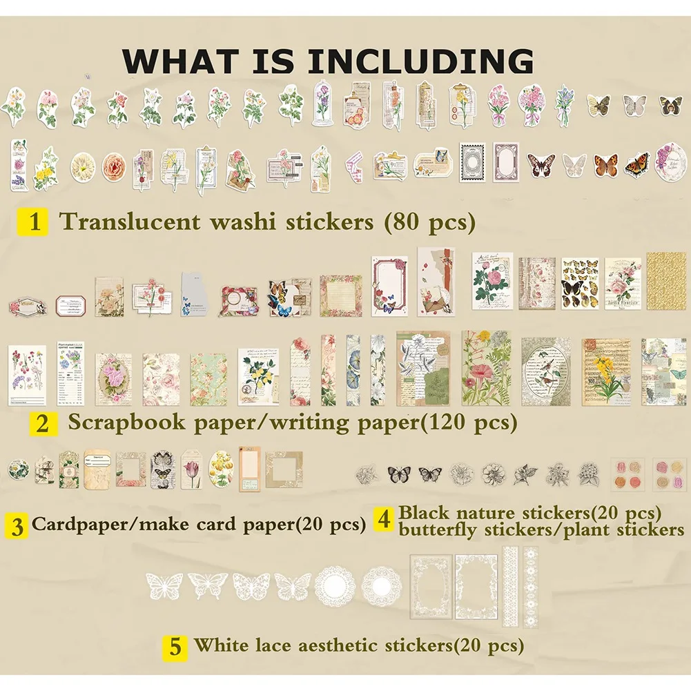 Vintage adesivos de Scrapbook estéticos para journaling, embrulho, decoração cottage, colagem artesanato B, 260 pcs