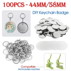 100PCS 44mm 58mm Keychains Badge Making Parts Metal/Plastic Base Blank Key Chians Key Ring Badge Button DIY Materials