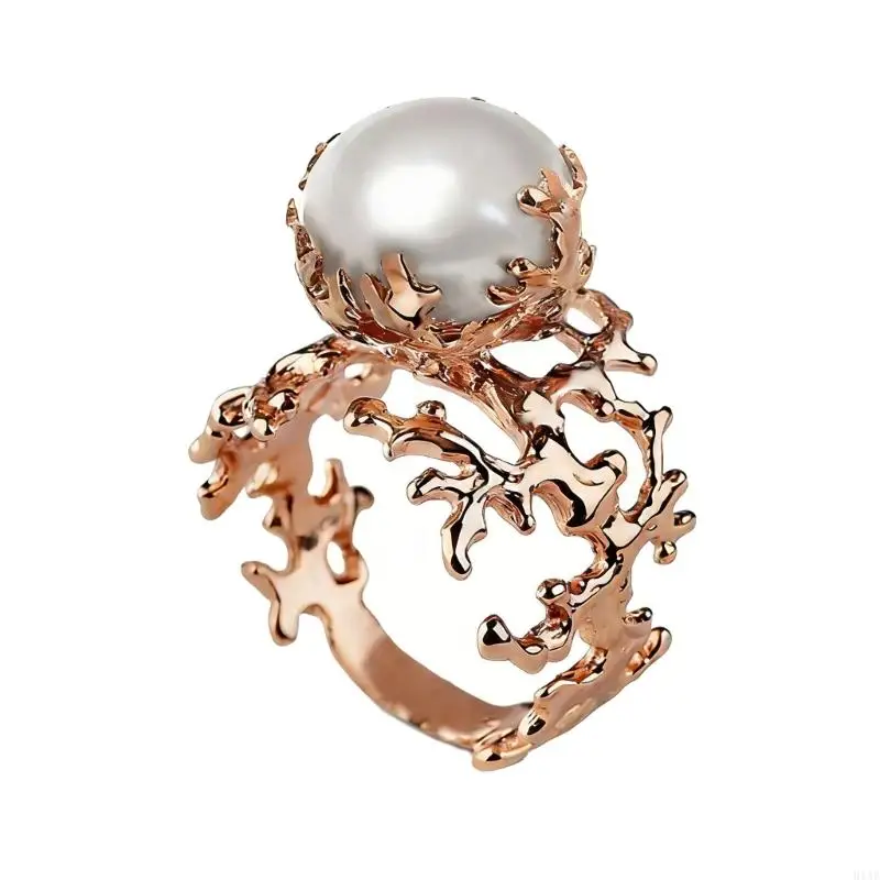 91AF Elegant Vintage European Styles Openwork Rings With Coral Branch And Imitation Pearls For Women