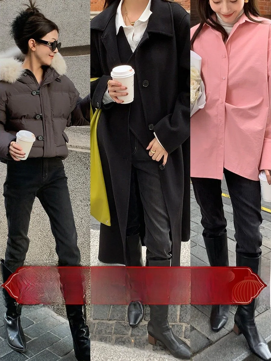 

Thiened Fce Lined High Waist Deep Blue Women's Skinny Jeans High Elastic Warm Winter Pencil Pants by Xiaoxiao La