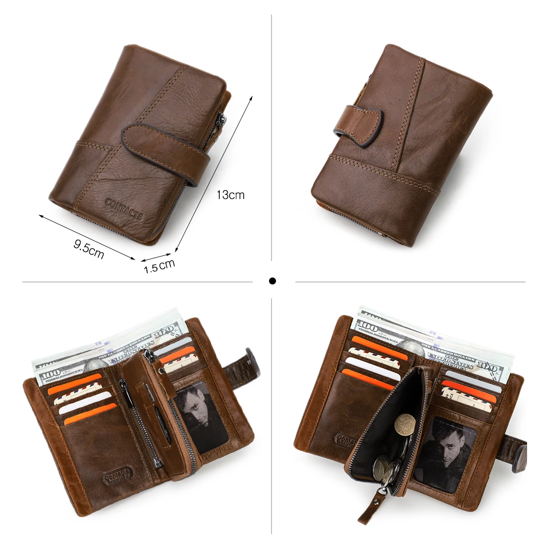 CONTACT\'S Genuine Leather Bifold Short Wallets for Men High Quality Card Holder Money Clip Men\'s Bag Handbag Pocket Mini Wallet