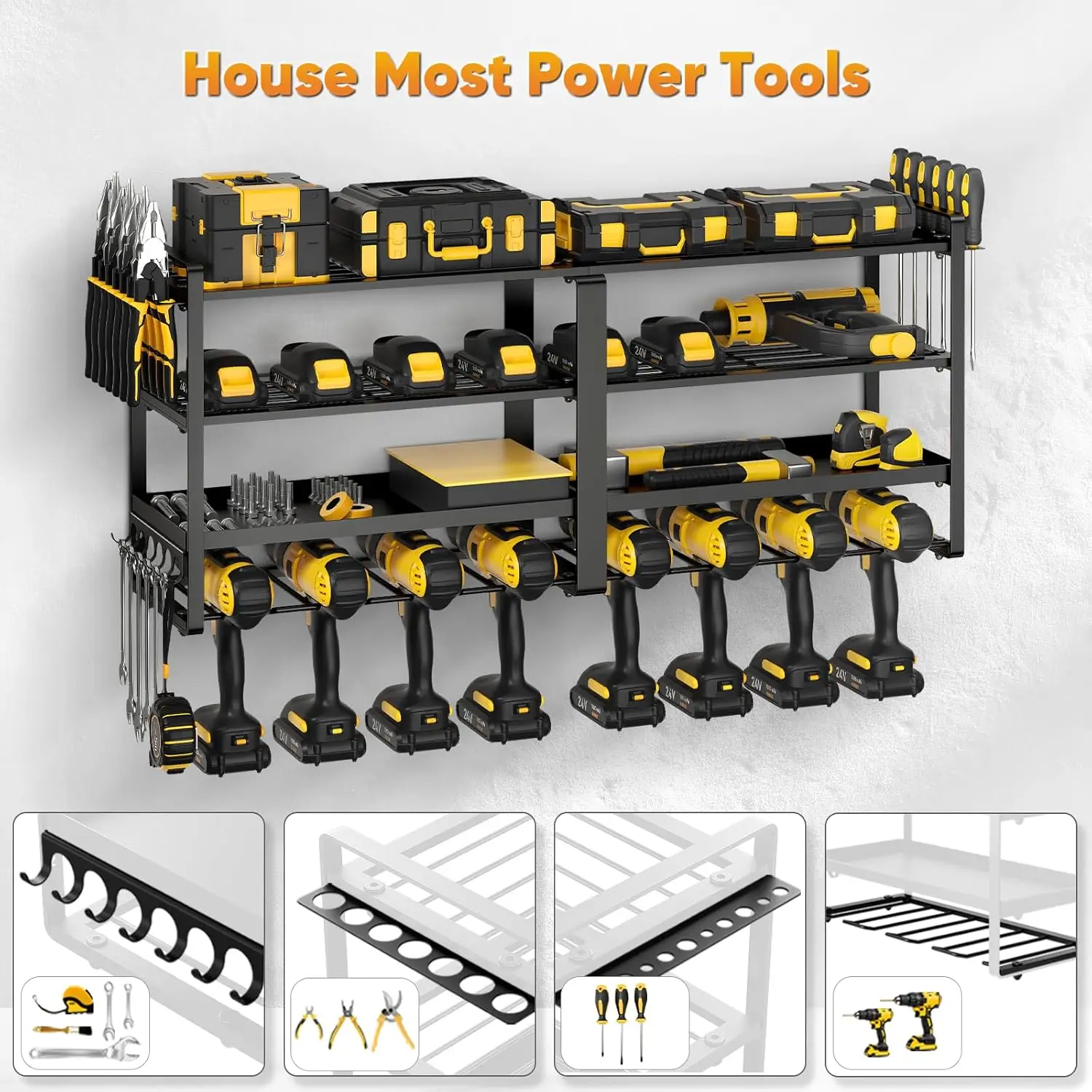 Imagem -04 - Pokipo-power Tool Organizer Suporte de Parede Suporte de Broca Grande Estendido Camadas de Garagem e Armazenamento Utilitário Adequado Rac