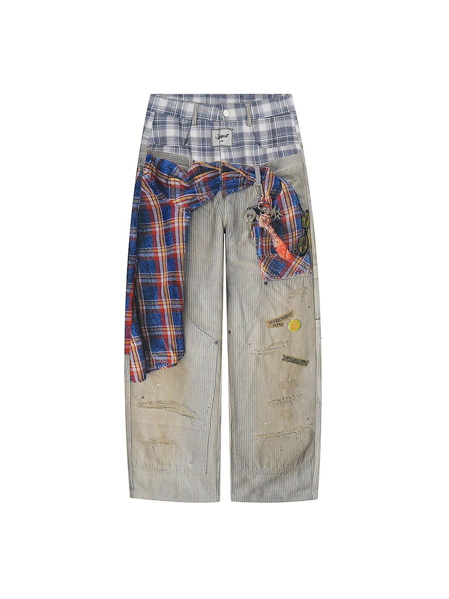 

American Sle Hip Hop 3D Digital Direct Spray Fake Two-Piece Wide Leg Jeans Small Curved Knife Design Loose Fit Casual Trousers