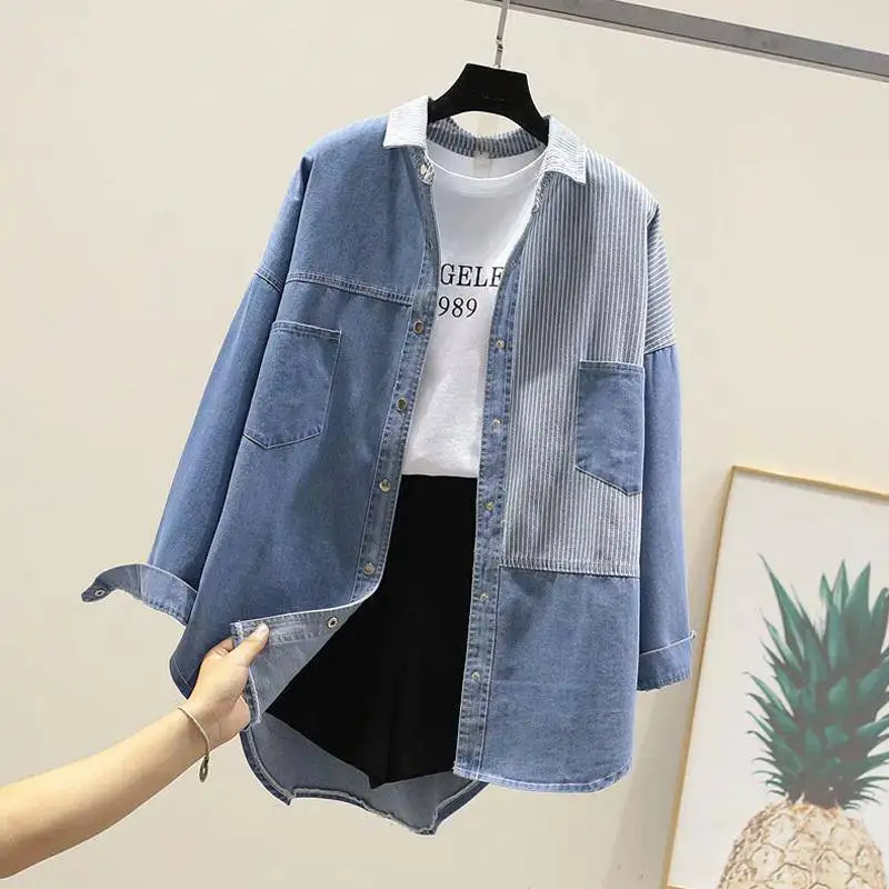 

Spring Autumn Long Sleeve Thin All-Match Blouse Female Casual Stitching Cowboy Shirt Woman Tops NEW Women Denim Shirts Women