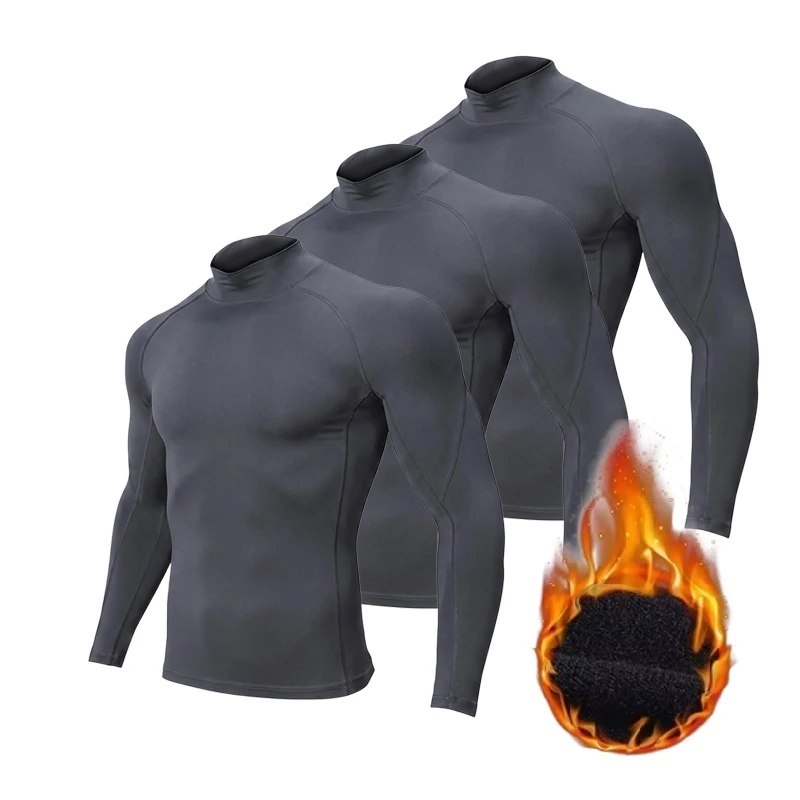 3er-Pack Herren-Fleece-Langarmshirt mit hohem Kragen, kompressionsaktiv, elastisch, eng anliegend, als Sportunterwäsche für Herbst und Winter, warm, ideal für Fitnessstudio und Sport. – Detail 7