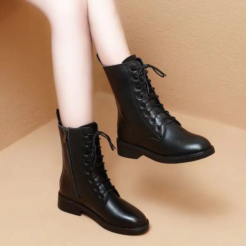 Fashion Pointed Toe Women Versatile Leather Boots Non-slip Chunky Heels External Wear Trend Shoes Black Lace Up Female Boot