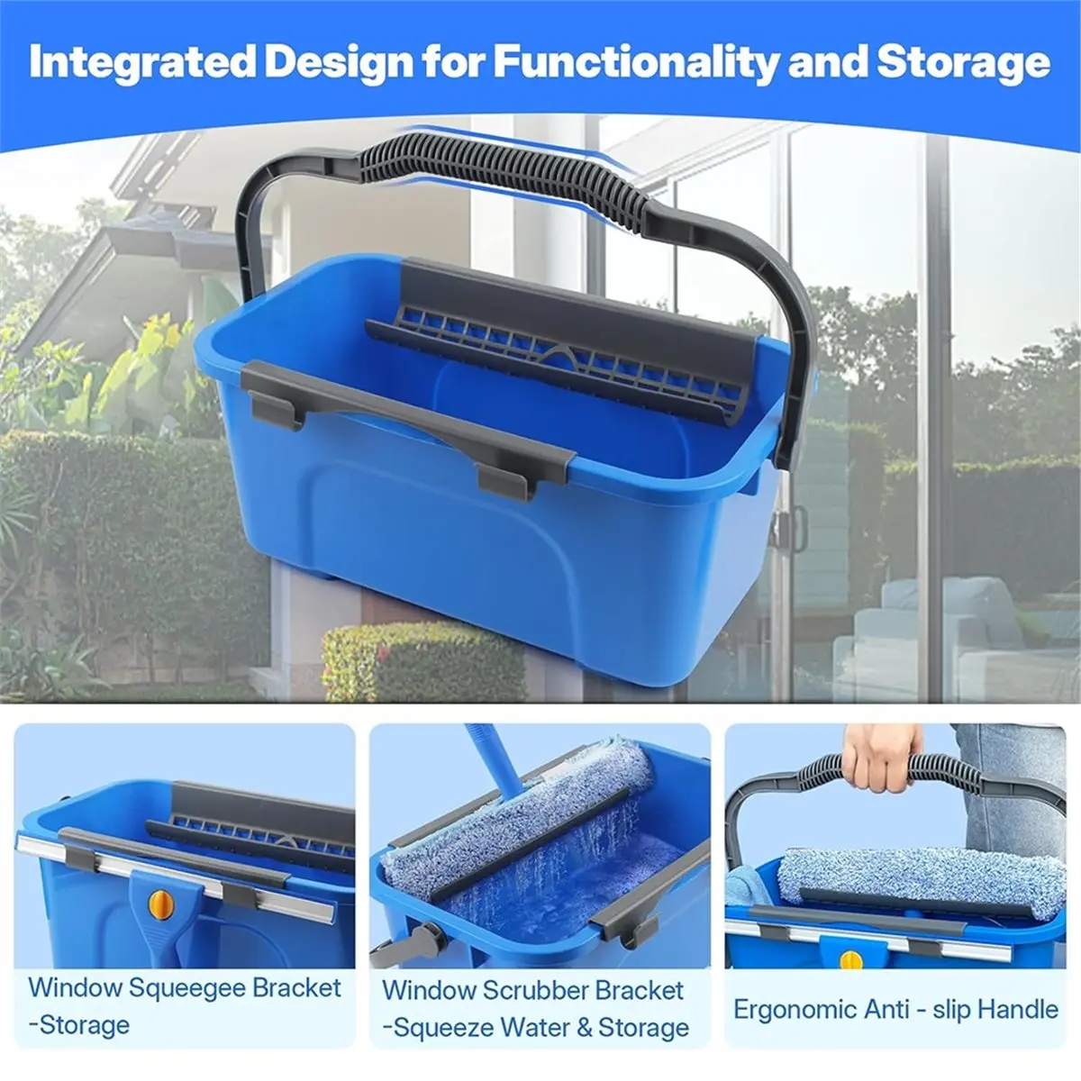 

Professional Window Cleaning Kit with Bucket Long Handle Window Squeegee and Microfiber Scrubber,