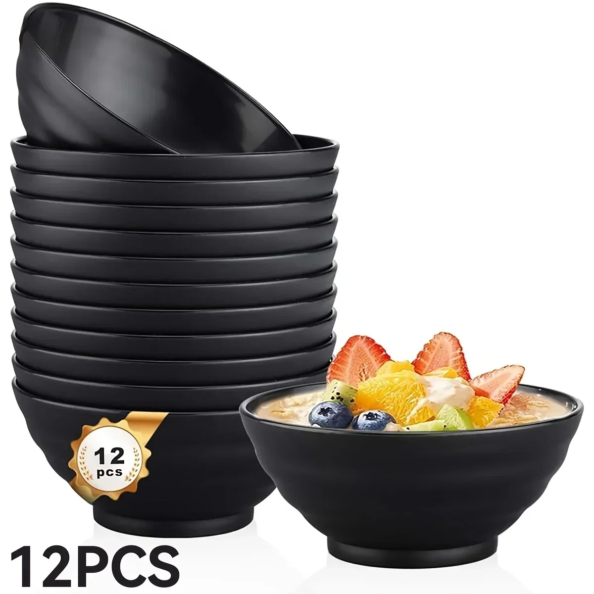 12 Piece Plastic Bowl, Reusable for Kitchen, Black, Dishwasher Microwave Safe Bowls, Unbreakable Cereal Bowls, Soup Bowls