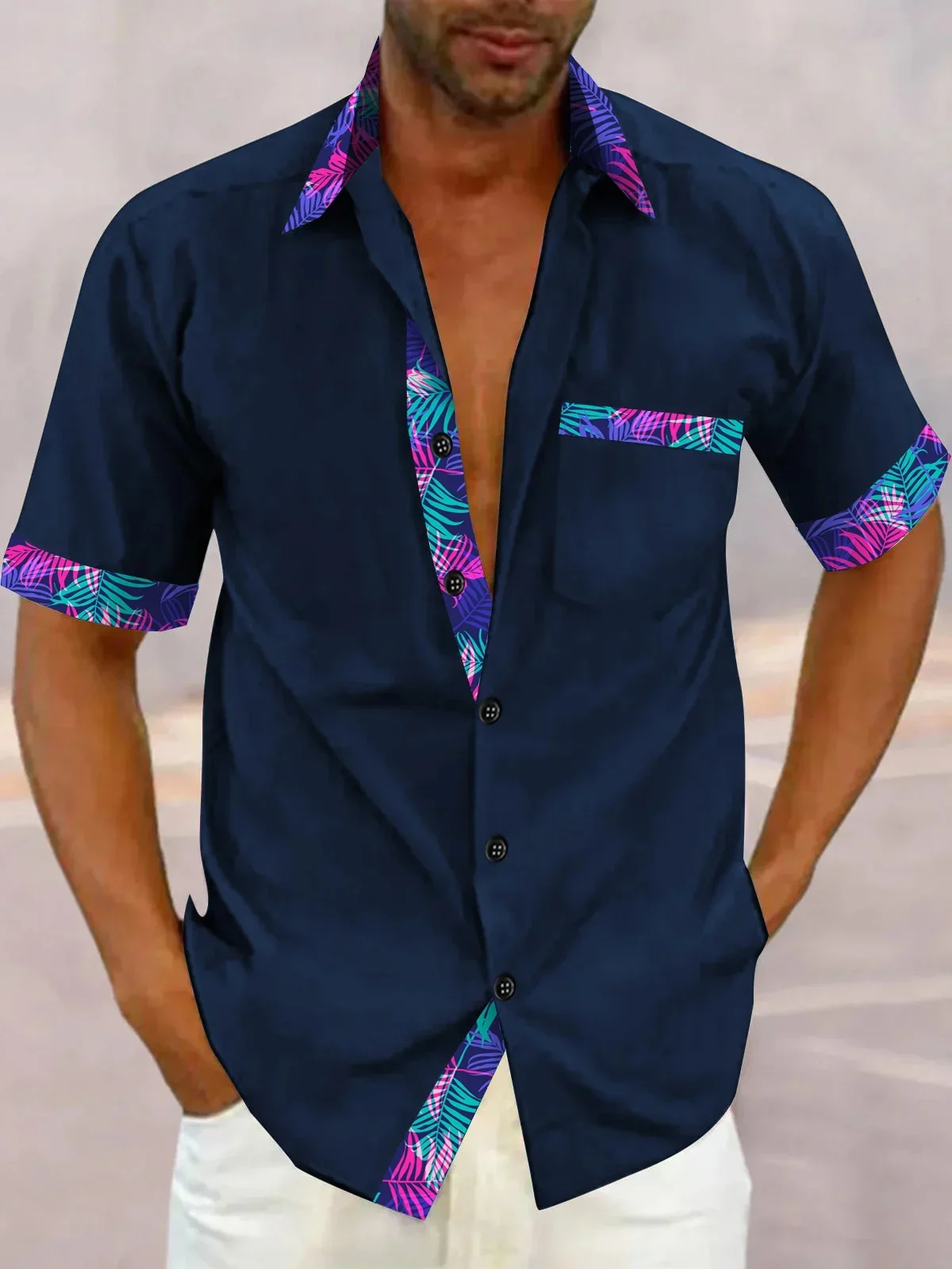 Chemise Hawaïenne à Manches Courtes pour Homme, Couleur Unie, Patchwork, Poche, Loisirs d\'Été, Vacances, Tissu Confortable