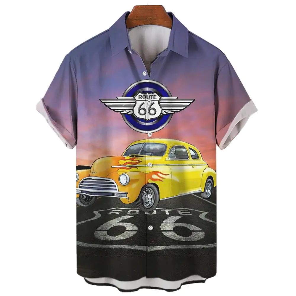 Vintage Men\'s Shirts Route 66 Classic Cars Tees 3d Print Short Sleeve Top Summer Clothes Route 66 Pattern Blouse Oversized Shirt