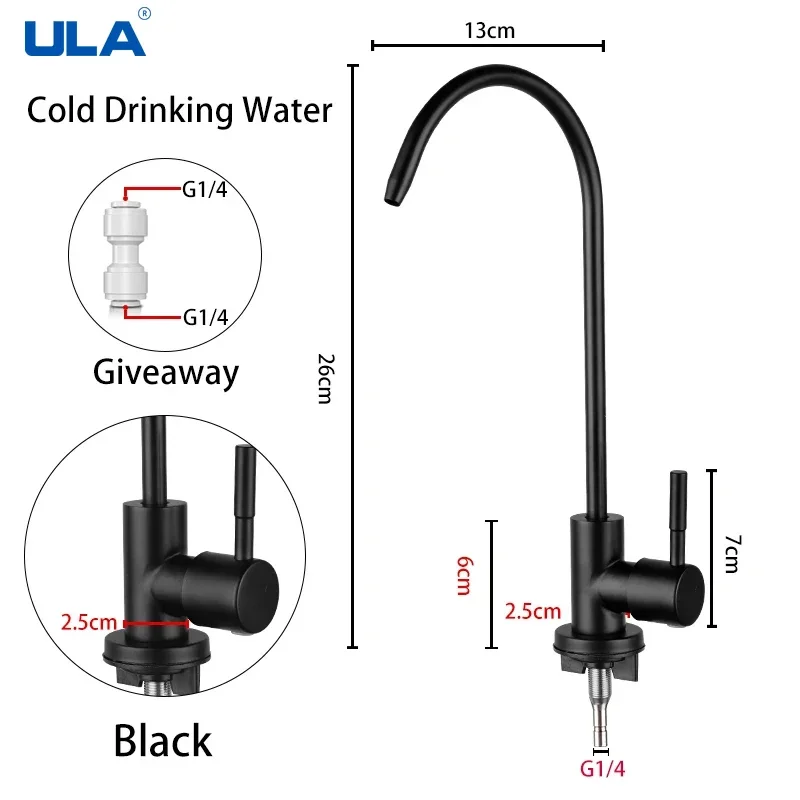 ULA Kitchen Faucet Direct Drinking Tap Black Matte Stainless Steel Kitchen Water Filter Faucet Tap Purify System Reverse Osmosis