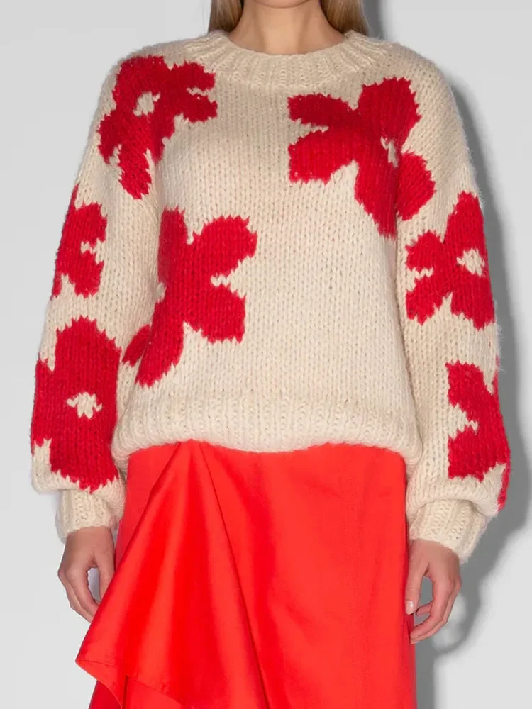 

Women Fashion Contrasting Printed Loose Warm Sweater Elegant O Neck Long Sleeves Knitted Pullover Chic Lady Commuting Jumpers