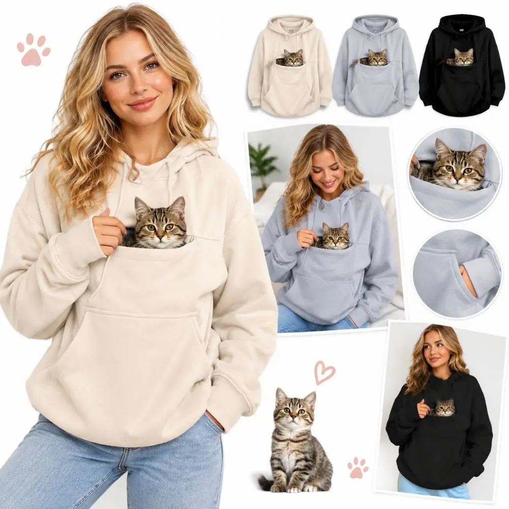 Polyester Pet Carrier Hoodie Fleece Lined Drawstring Hood Kangaroo Pocket Hoodie with Pet Pouch Oversized Sweatshirt Casual Wear
