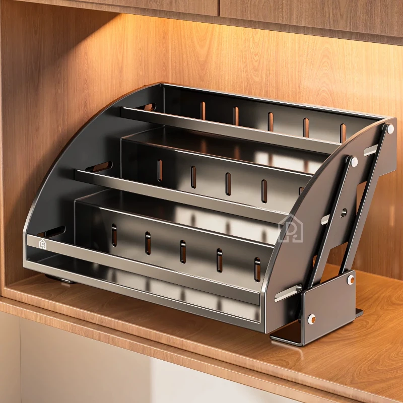 Pull Down Stainless Spice Rack for Top Cabinet,Three Tier Lift Up Basket,Anti Deformation Storage Unit,Portable High Load Holder