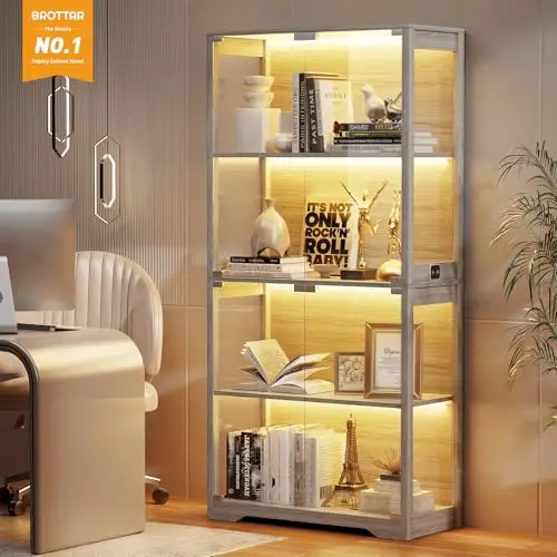 Display Cabinet with Glass Doors, 4-Tier Display Case, Black | Curio Cabinet with 3 Color Lights for Collectibles view 4