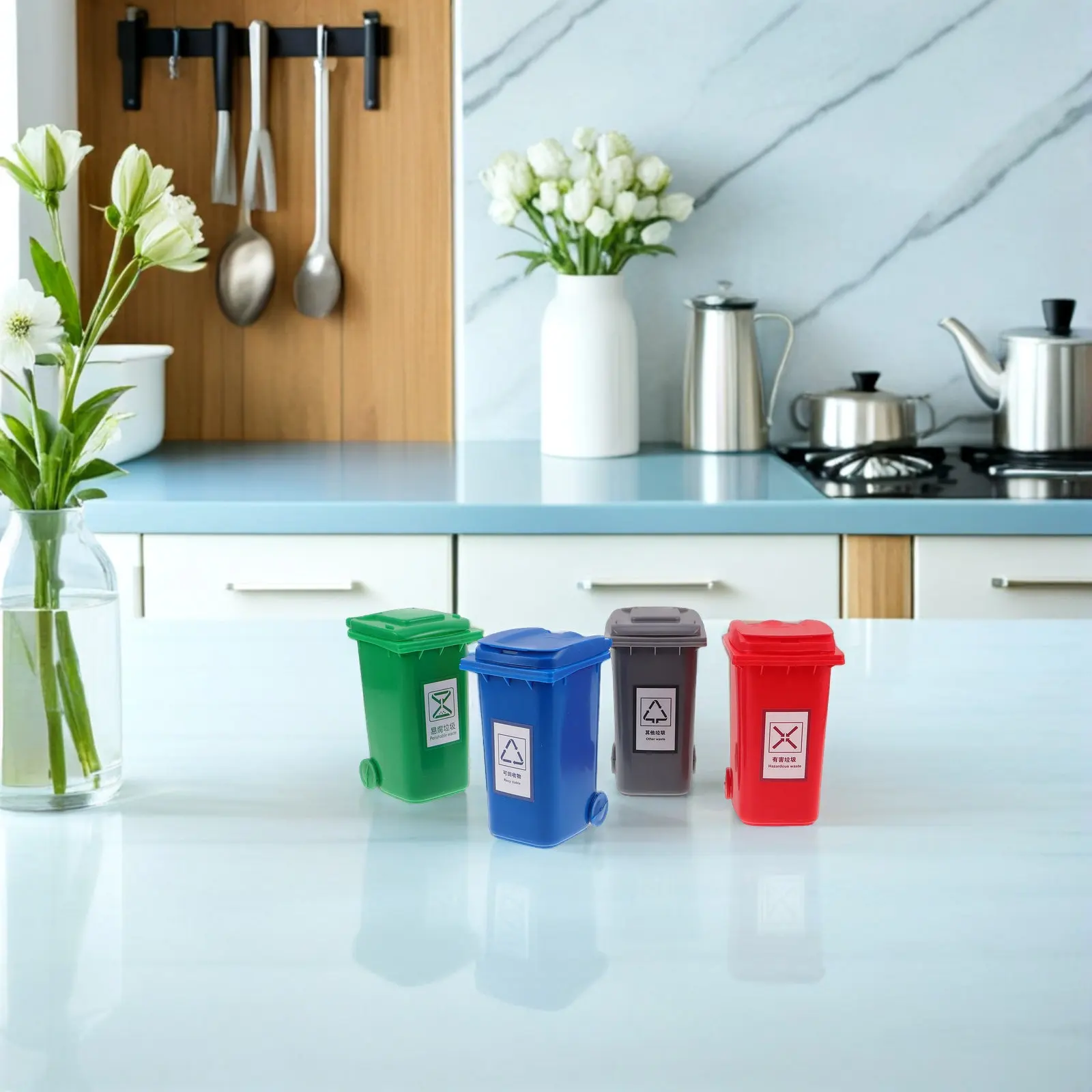 4Pcs Mini Desktop Trash Can Lid Small Garbage Bin Compact Tabletop Waste Container Portable Office Pen Holder Desktop Small