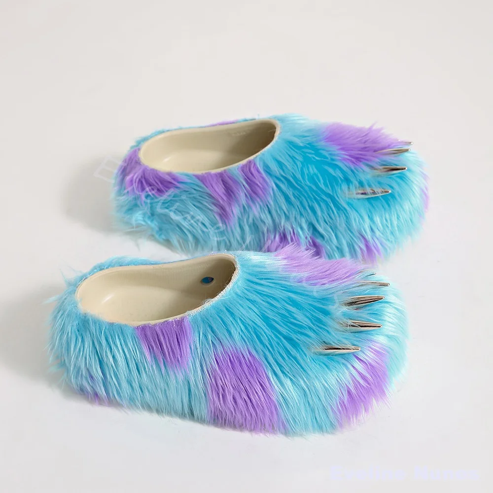 Women Monster Claw Furry Slippers Color Block Blue Purple Plush House Slippers Silver Claw Funny Cosplay Indoor Slip On Shoes