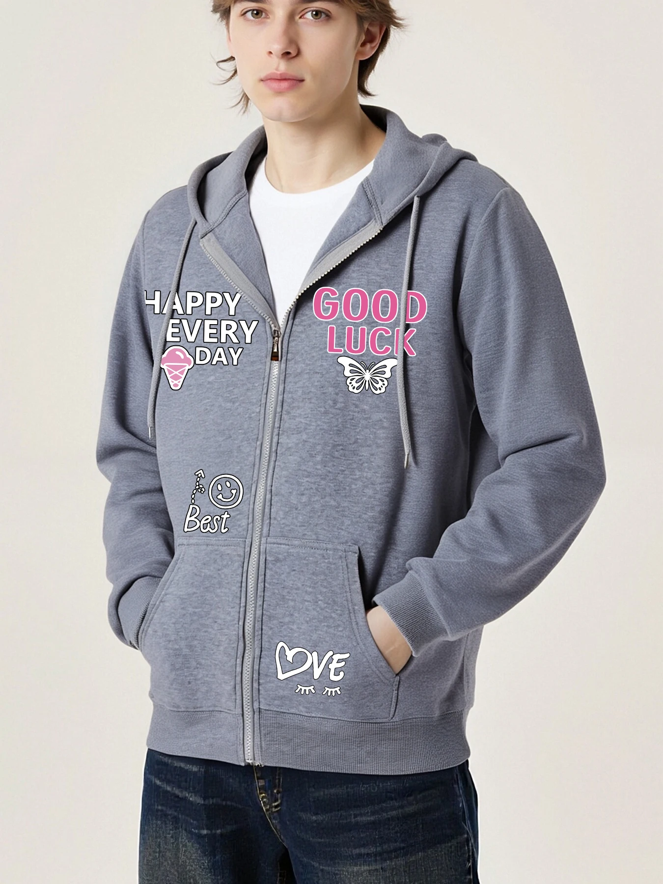 

Куртка на молнии «Счастливый каждый день», мужская модная мягкая толстовка с карманами, осенние винтажные толстовки унисекс, свободная повседневная одежда