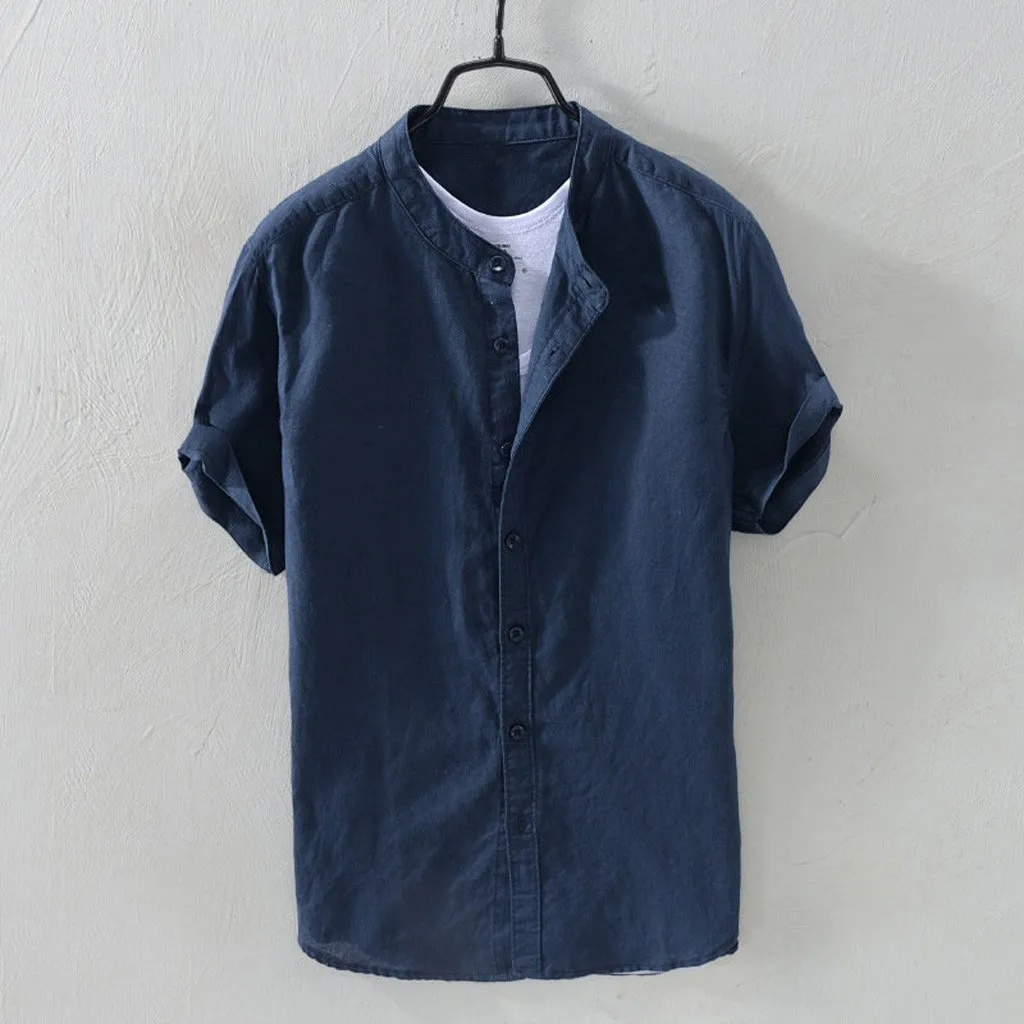 Male Shirts Summer Baggy Cotton Linen Solid Color Short Sleeve Shirts For Men's Retro Loose Button Up Blouses Men Chemise Homme