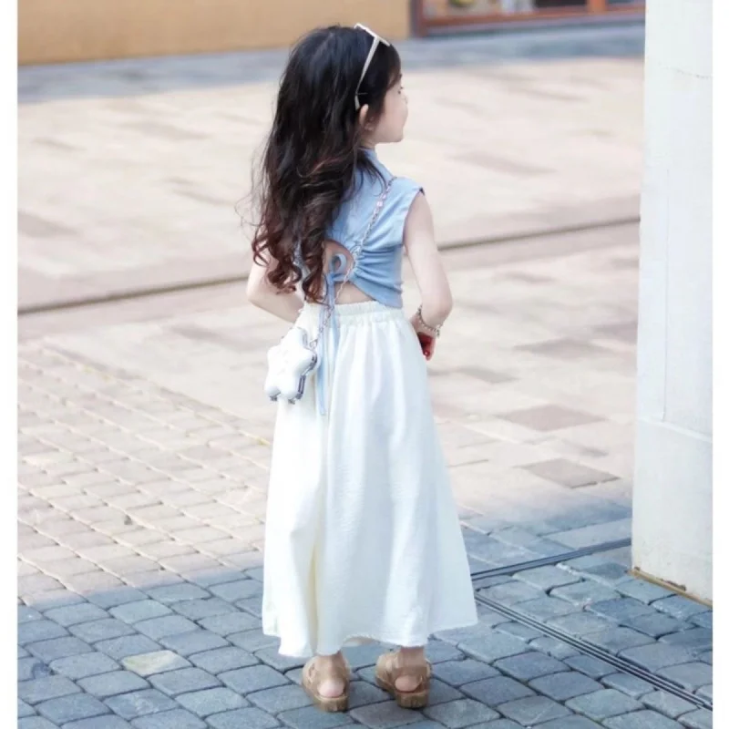 Children2026Summer outfit for girls: blue drawstring backless short-sleeve top and cool wide-leg pants two-piece set