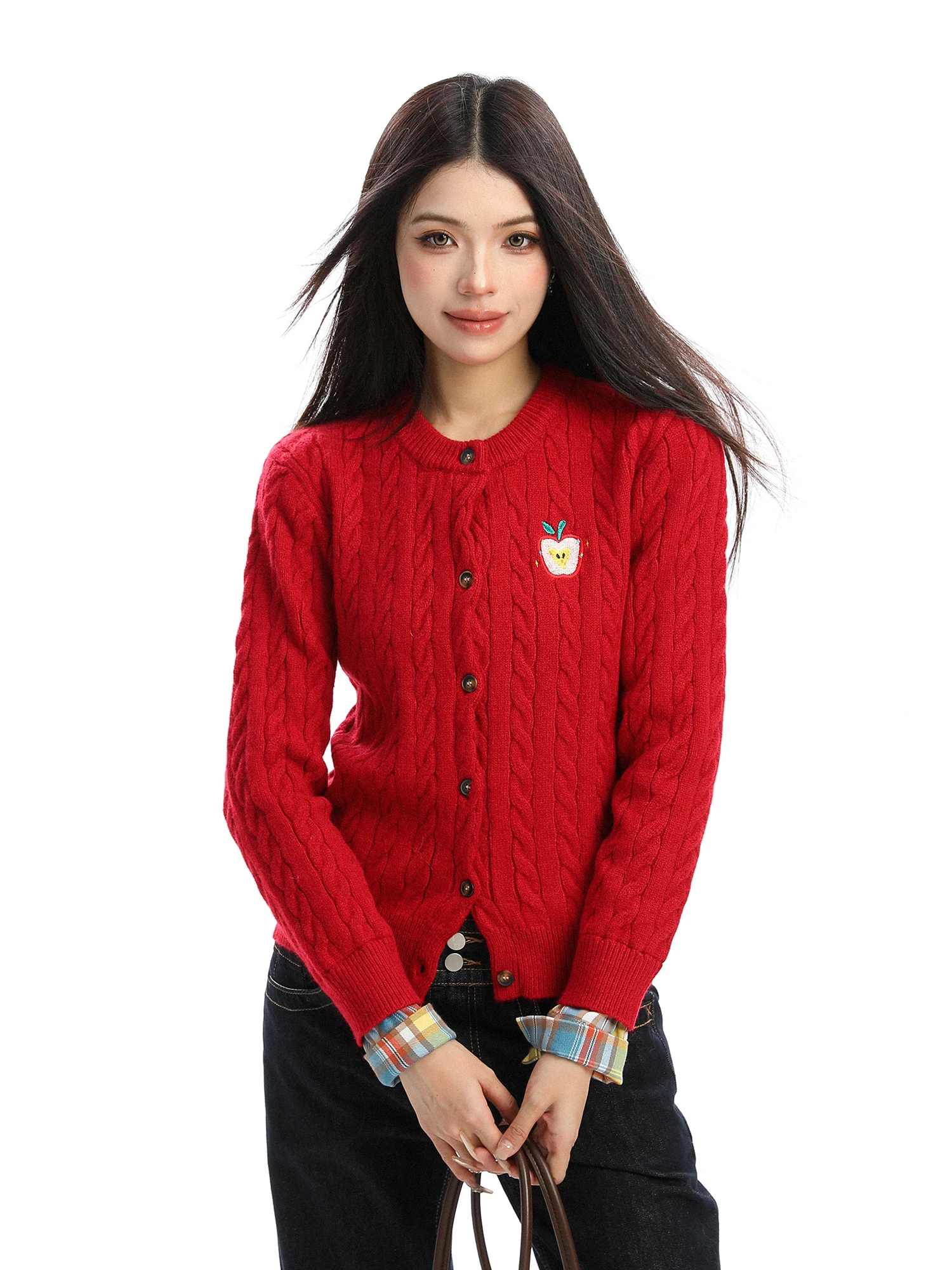 

Красный вязаный кардиган с вышивкой для женщин, осенне-зимний, из толстой крученой пряжи, повседневный, модный, стильный