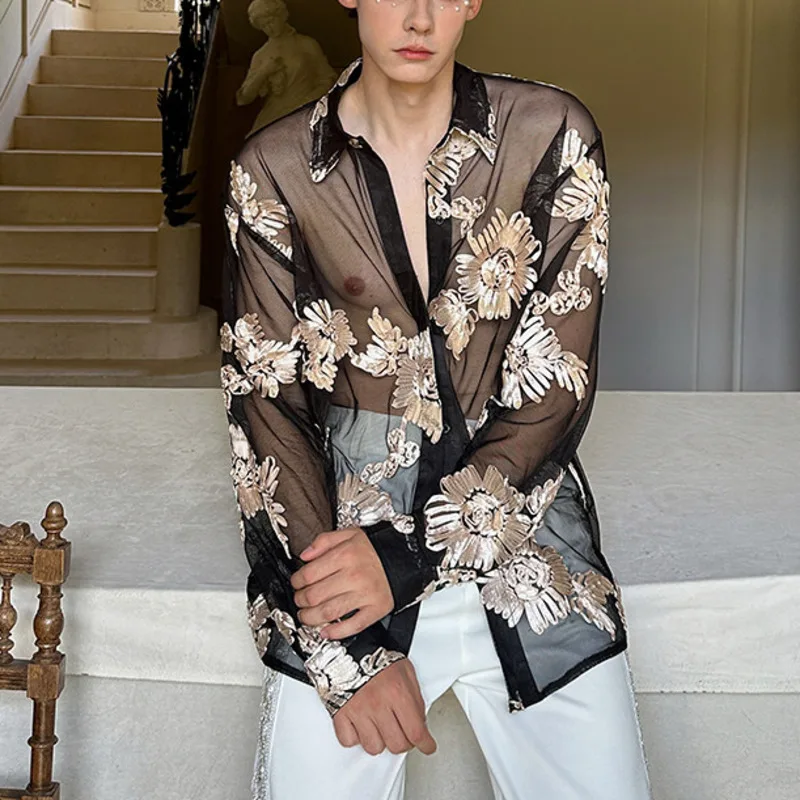 

WVGA весна лето новые мужские приливы тяжелые трехмерные вышитые сетчатые модные рубашки с длинными рукавами нишевые шикарные повседневные топы W17974