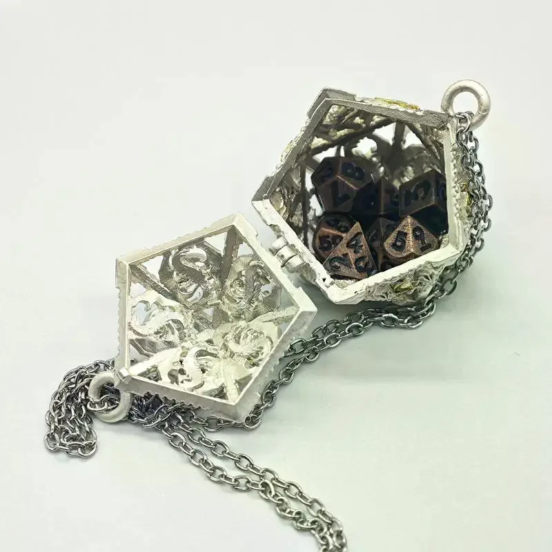 1 Set 20-sided Hollow Metal Dice Necklace DND Hollow Metal Dice Torque Mini Exquisite Polyhedral Dice Necklace
