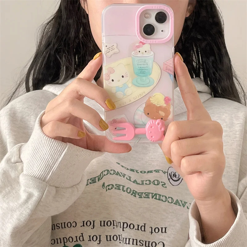 Cute Creative Beverage Cake Hello Kitty Phone Case For iPhone 15 14 13 Pro Max Funny Cartoon Pink Kitty Fork Holder Cover